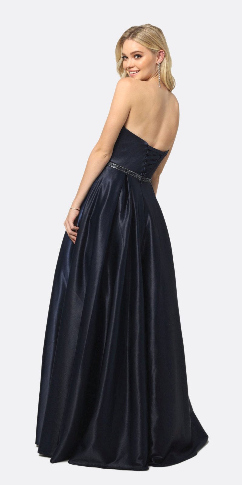 Floor Length Shiny Satin A-Line Gown Beaded Belt & Pockets