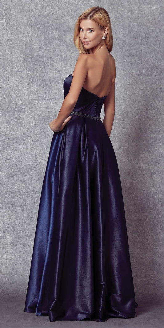 Floor Length Shiny Satin A-Line Gown Beaded Belt & Pockets