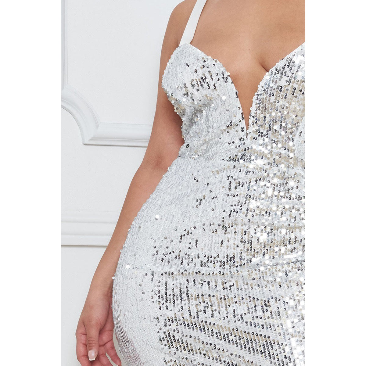 Silver Sequin Bodycon Mini Dress – Deep V Halter with Lace-Up Back