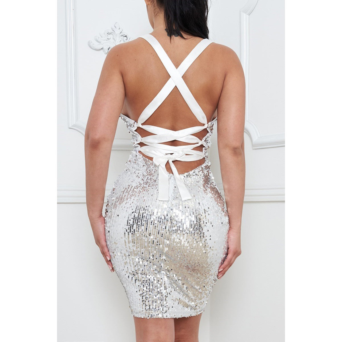 Silver Sequin Bodycon Mini Dress – Deep V Halter with Lace-Up Back