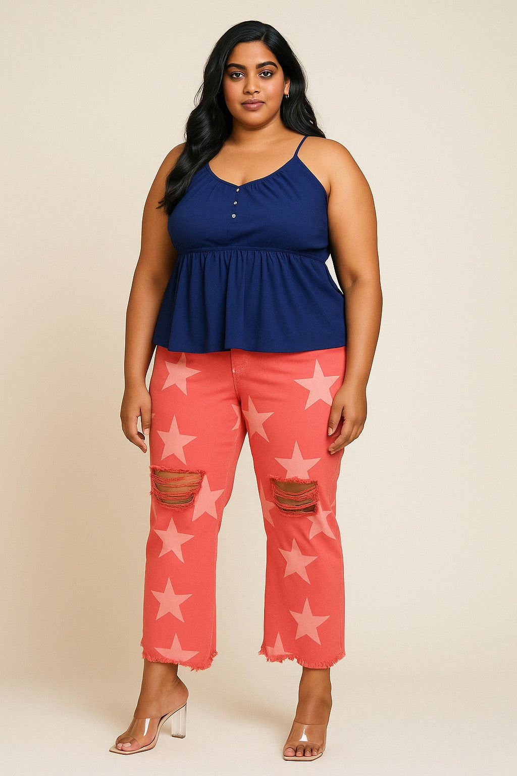Risen Curvy Distressed Raw Hem Star Pattern Jeans