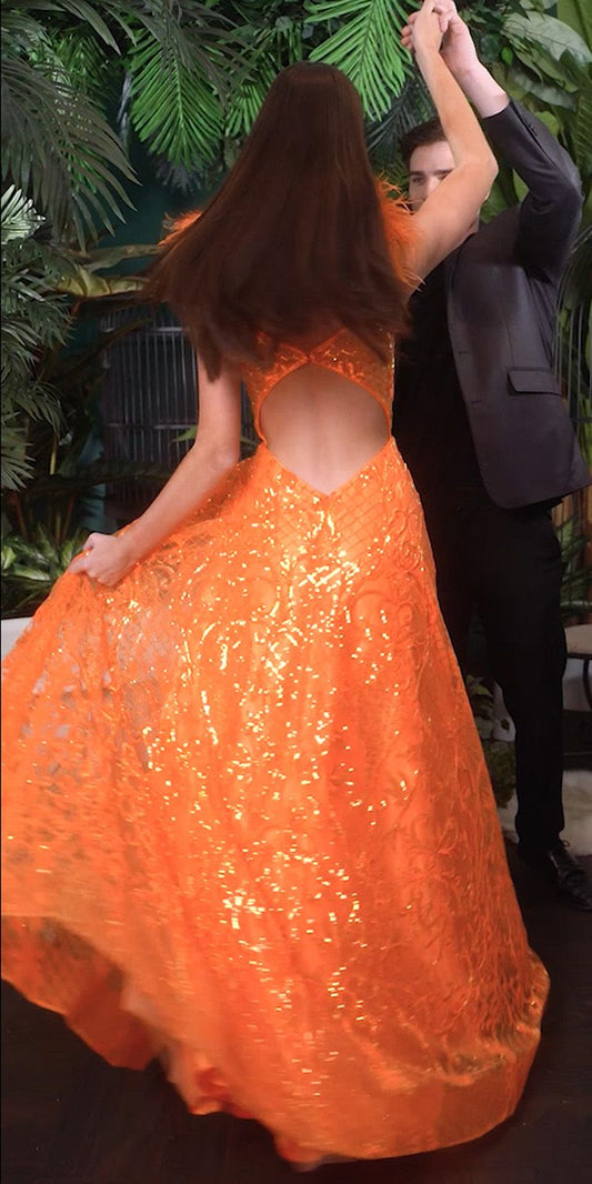 Floor Length Neon Orange Ball Gown With Feathers