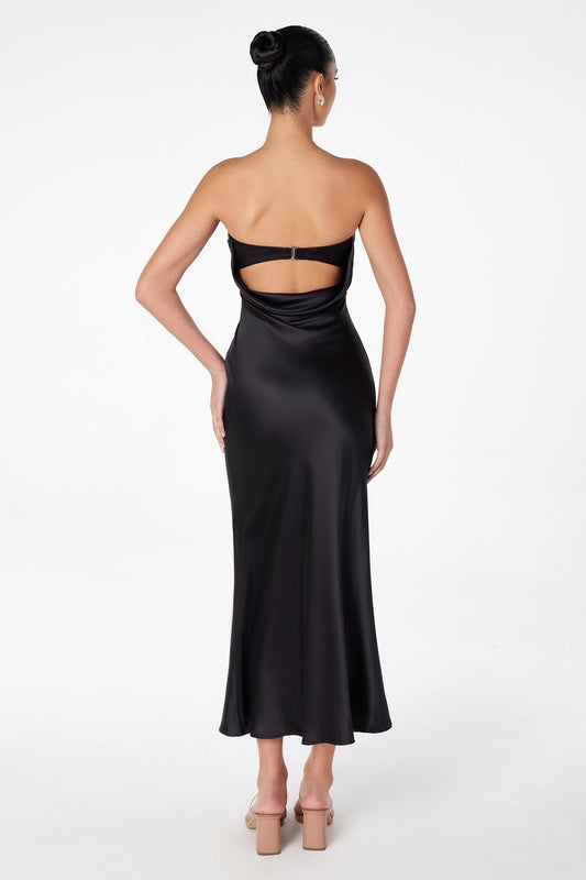 Tea Length Satin Dress Cut Out Cowl-Like Back
