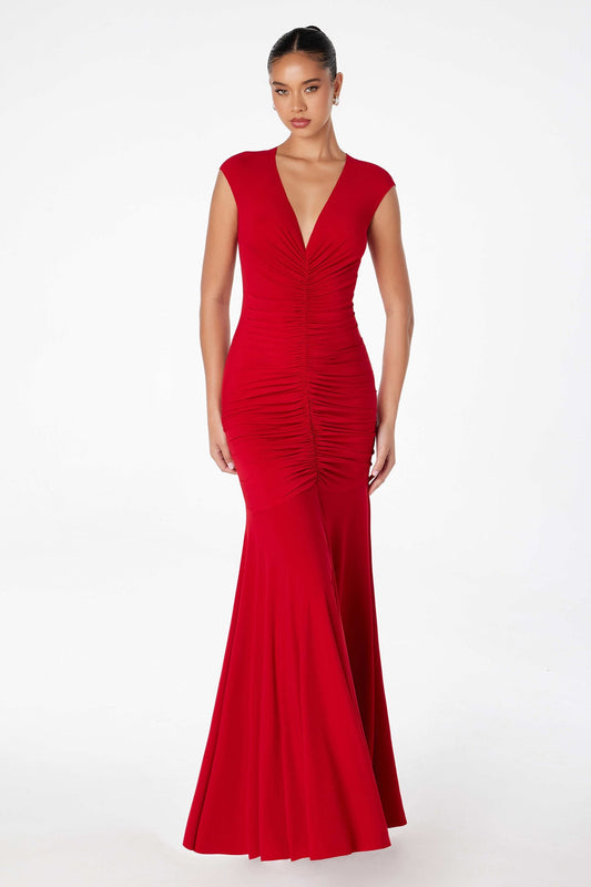 Long V-Neckline Ruched Mermaid Gown
