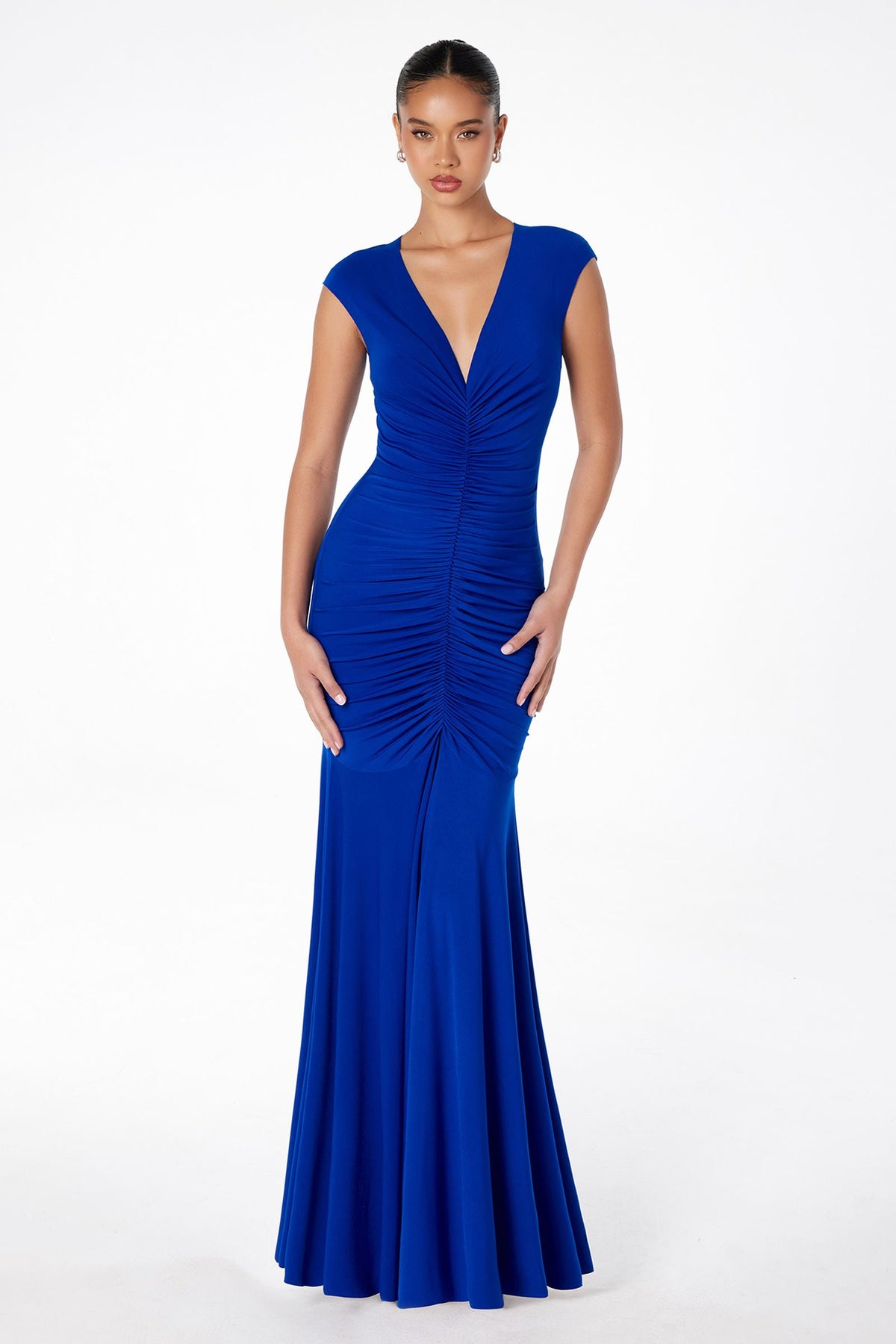 Long V-Neckline Ruched Mermaid Gown