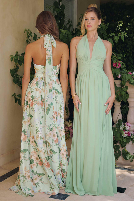 Floral Printed A-Line Plunging Neckline Gown