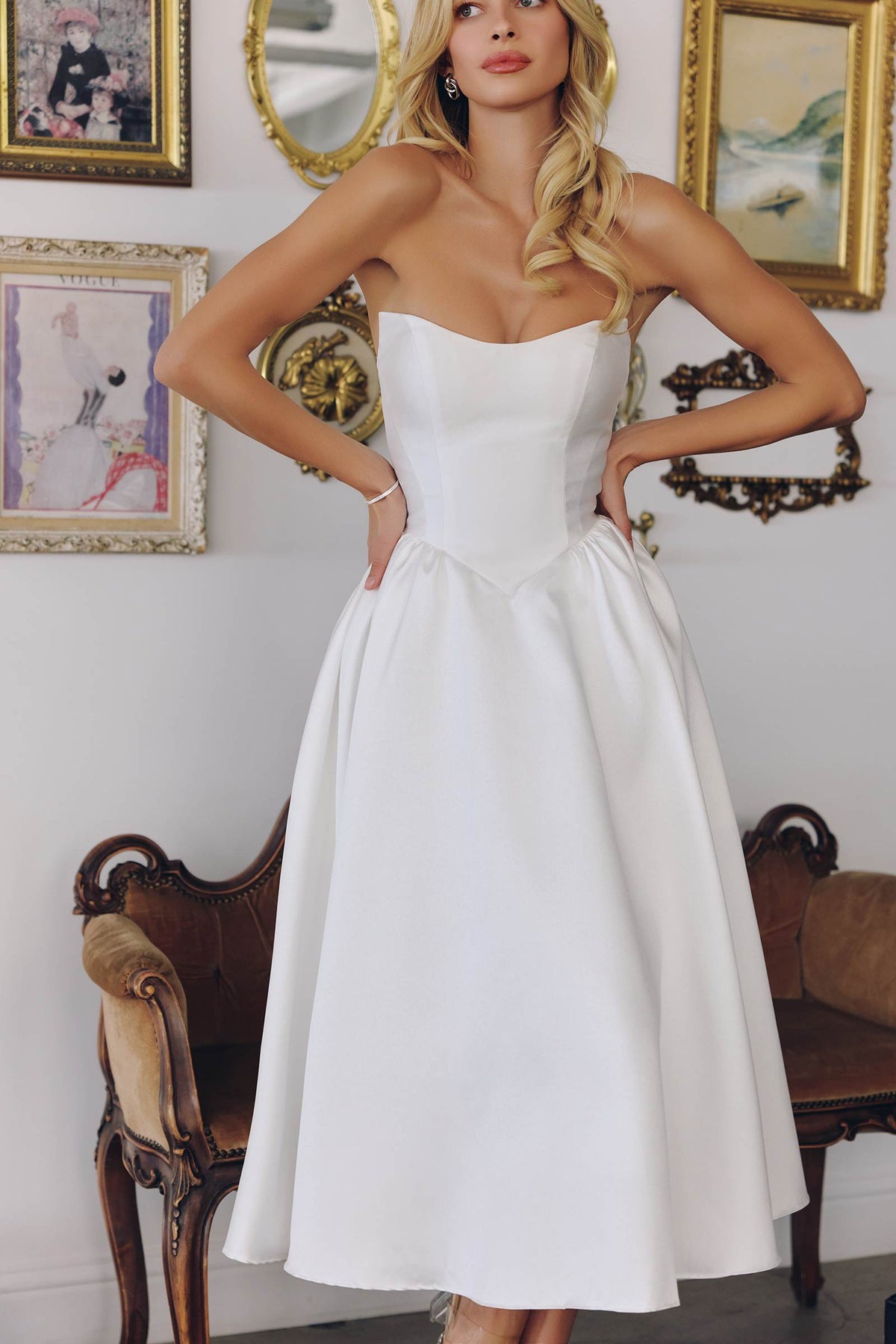 Elegant Mikado Midi Strapless Wedding Reception Gown