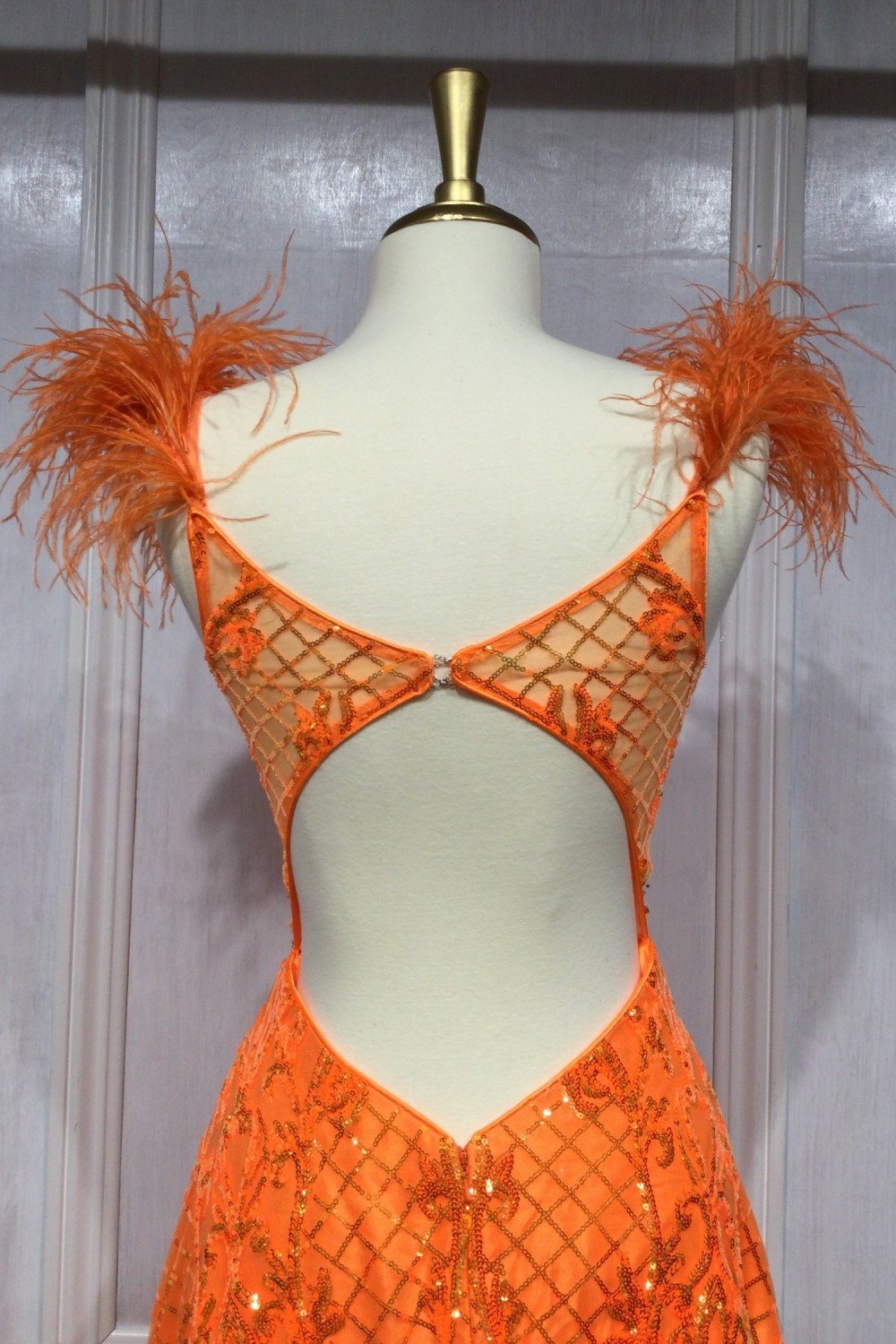 Floor Length Neon Orange Ball Gown With Feathers