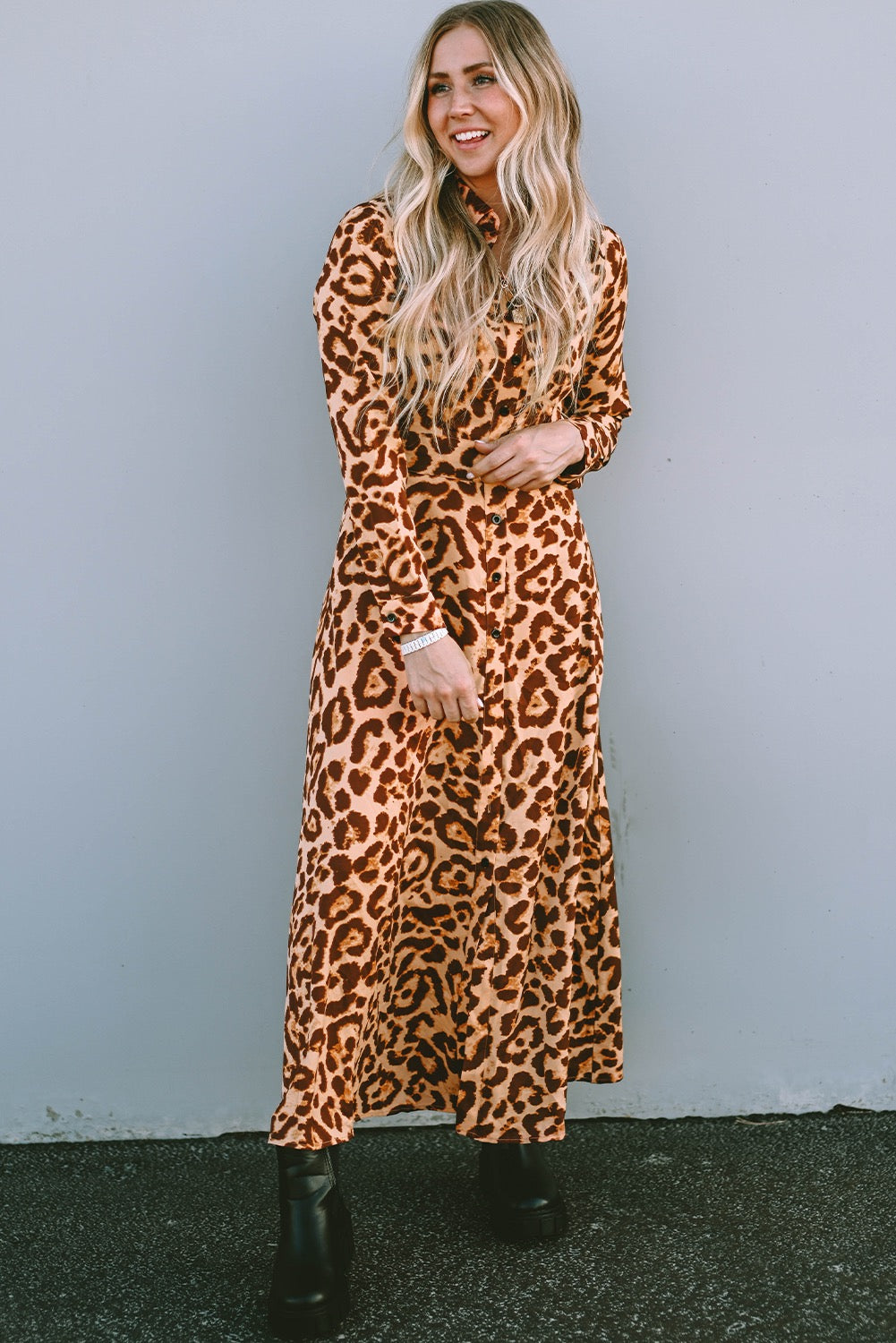 Leopard Print Long Sleeve Midi Dress