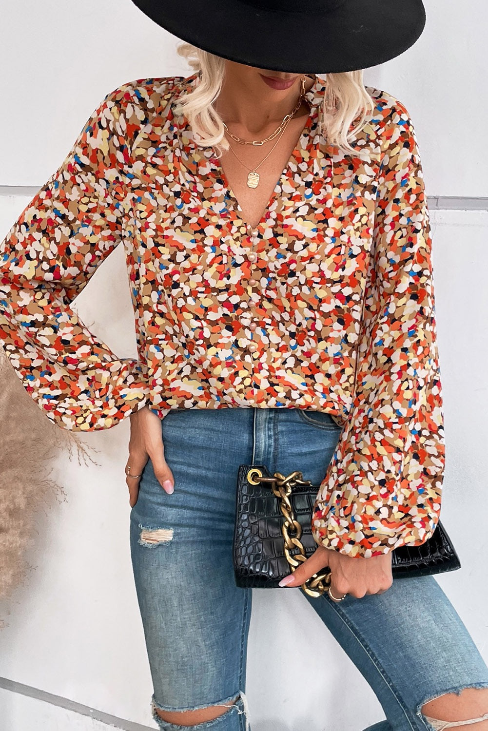 Abstract Confetti Print V-Neck Button Blouse