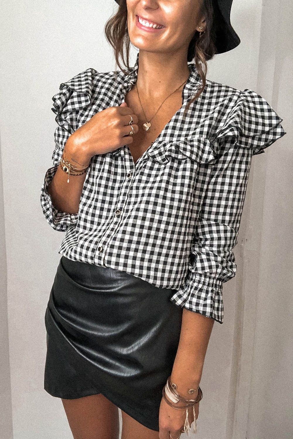 Black and White Gingham Flutter Sleeve Long Sleeve Top