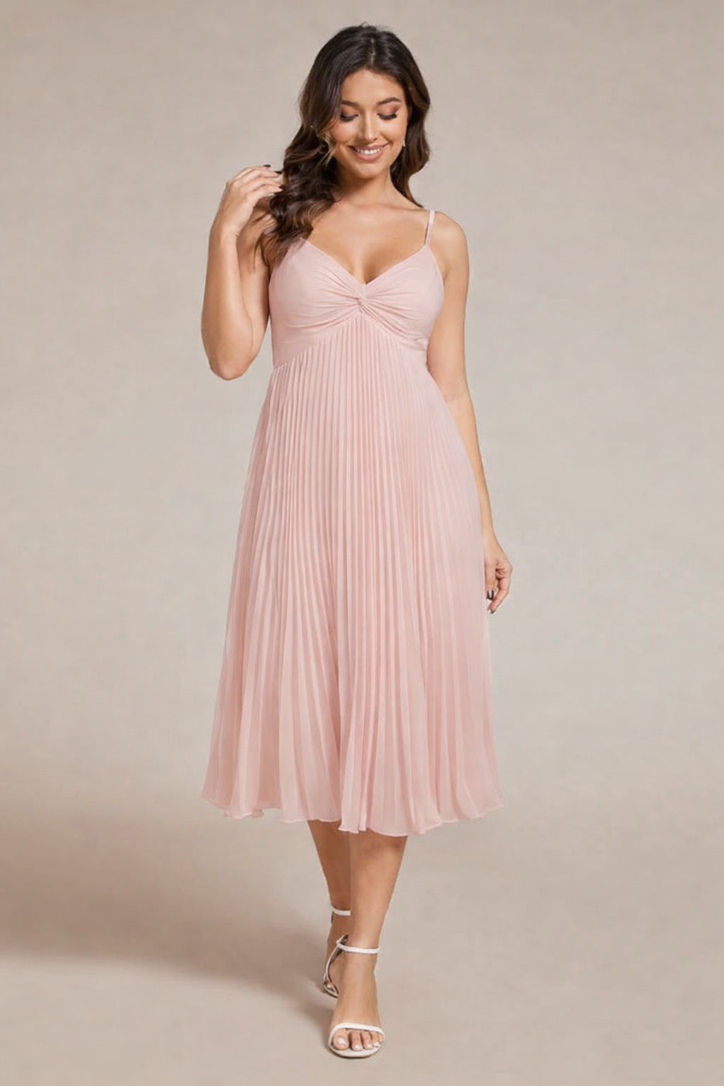 Blush Chiffon Bowknot Midi Wedding Guest Dress