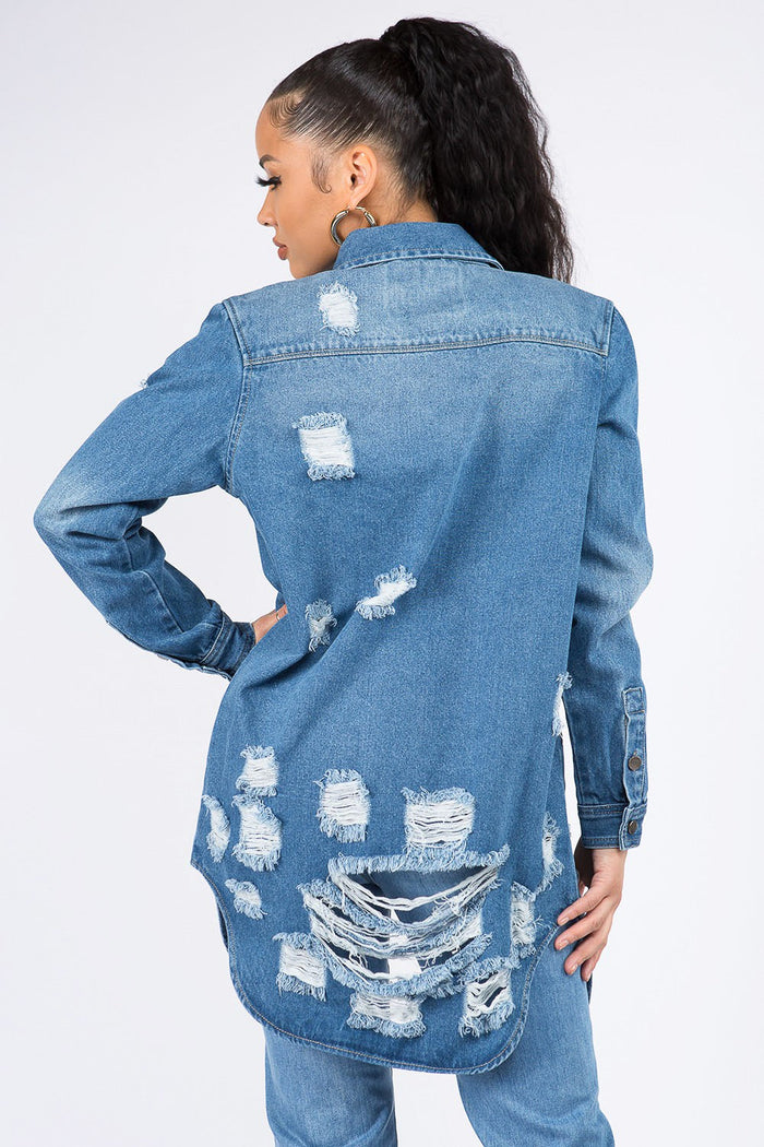 American Bazi Distressed Button Down Denim Shirt Jacket-1