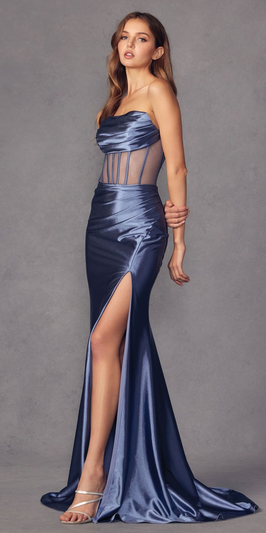 Strapless Sheer Boned Bodice Slit Satin Dress