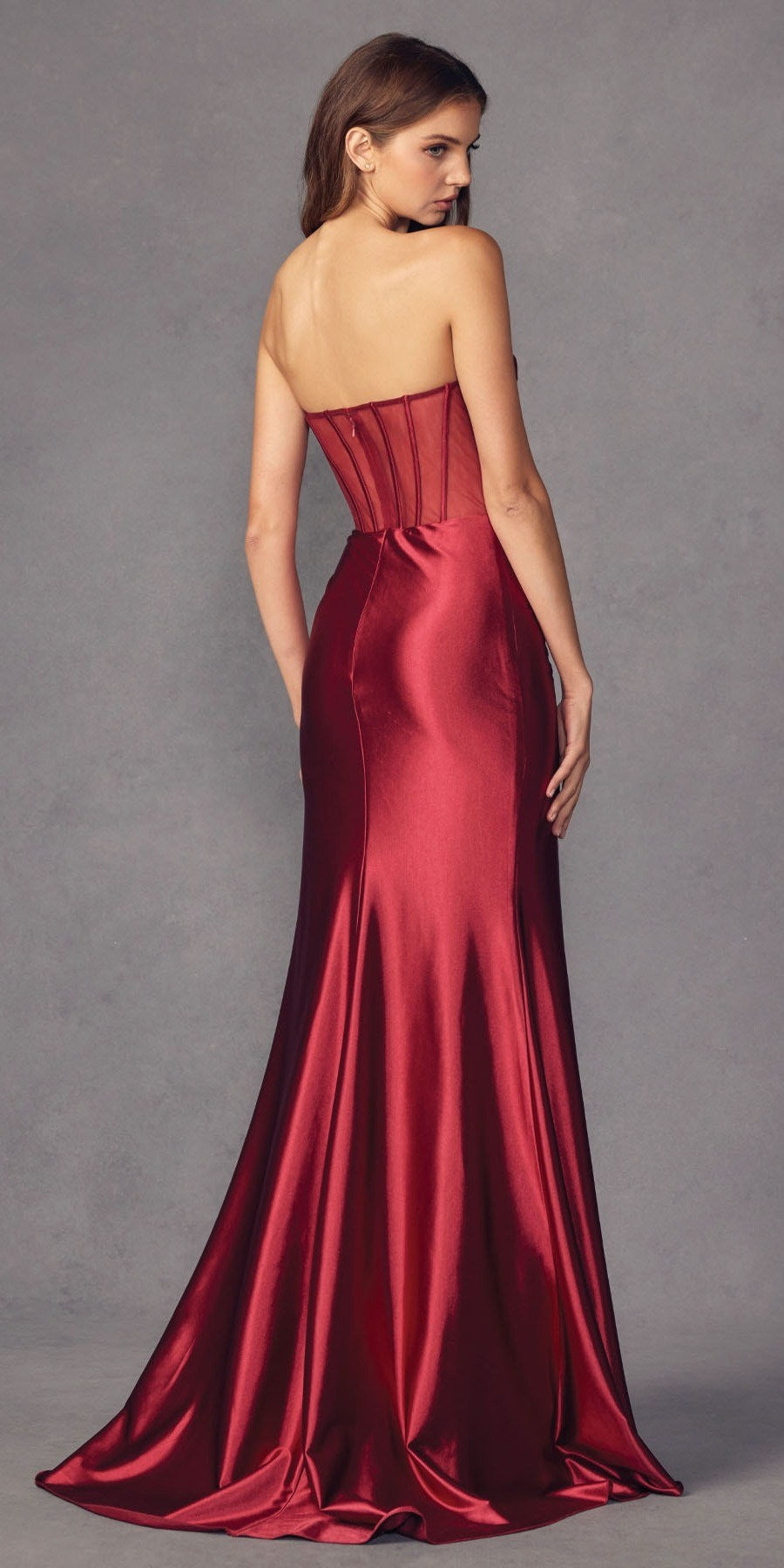 Strapless Sheer Boned Bodice Slit Satin Dress