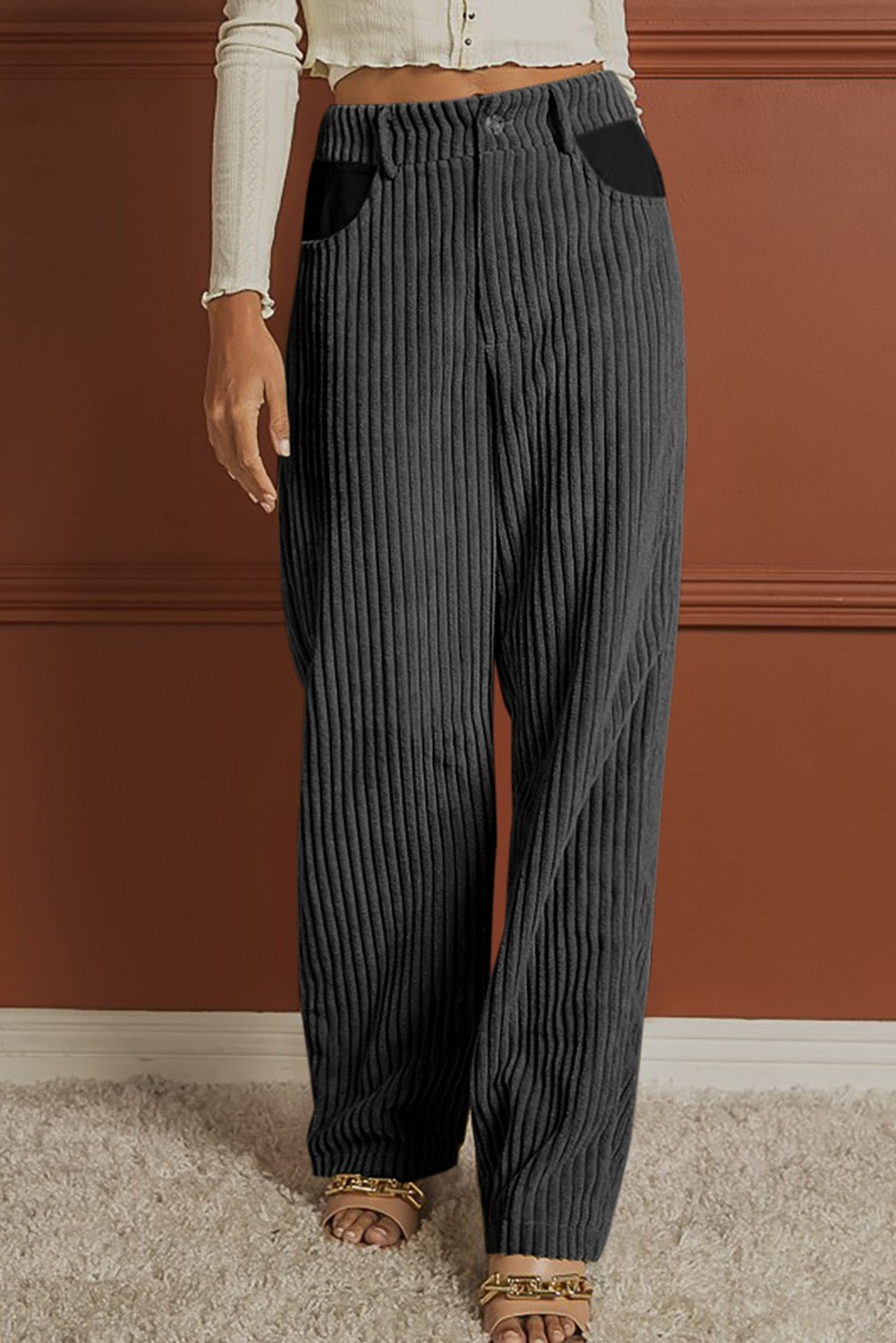 Grey Stretch Corduroy Wide Leg Pants