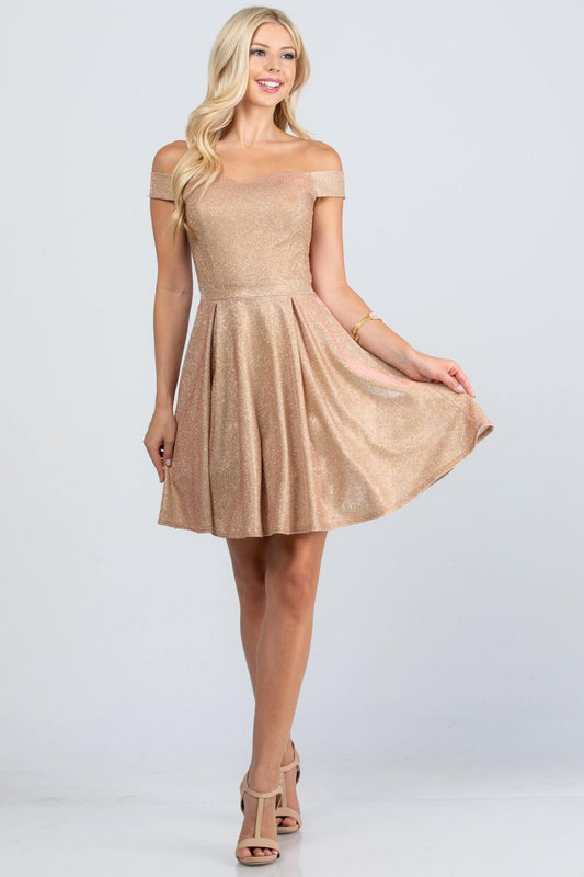 Short Off the Shoulder Glitter Jacquard Skater Dress