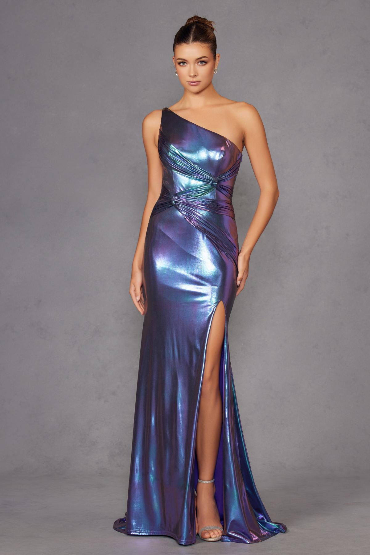 Long Metallic Fitted One Shoulder Prom Gown