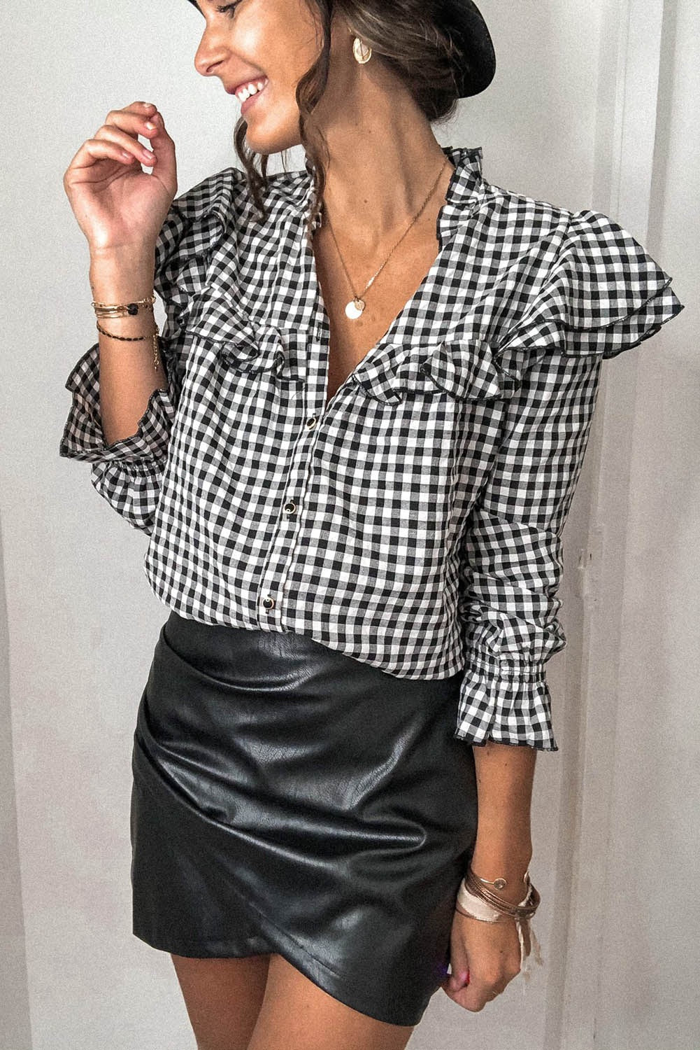 Black and White Gingham Flutter Sleeve Long Sleeve Top