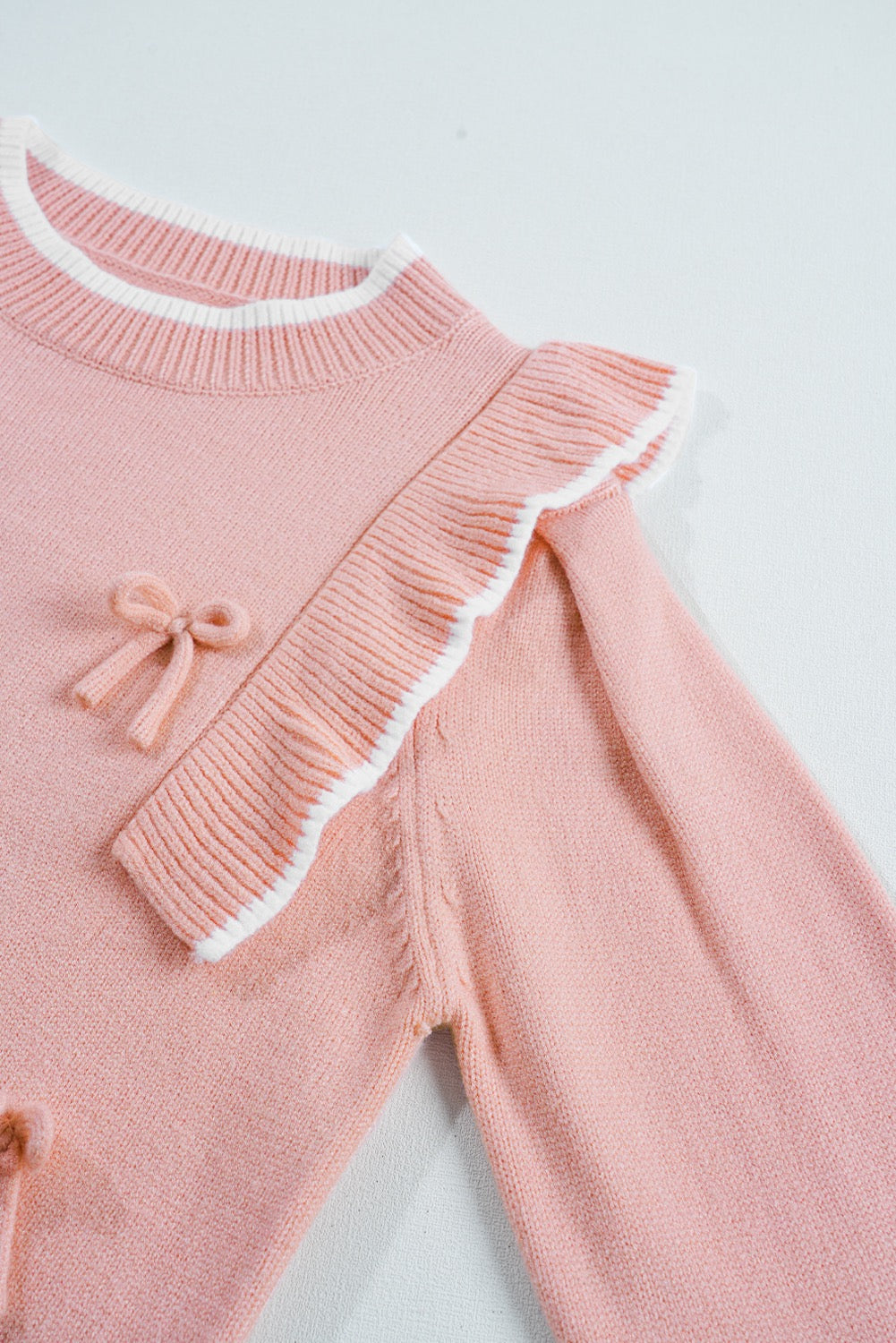 Blush Bow Detail Ruffle Shoulder Knit Sweater – Feminine Soft Pink Pullover