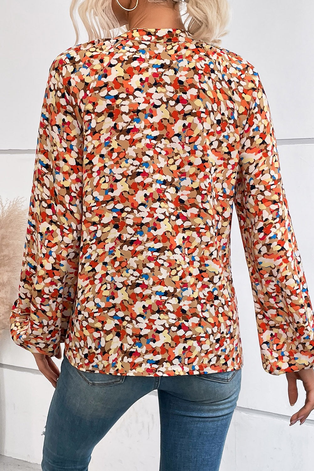 Abstract Confetti Print V-Neck Button Blouse