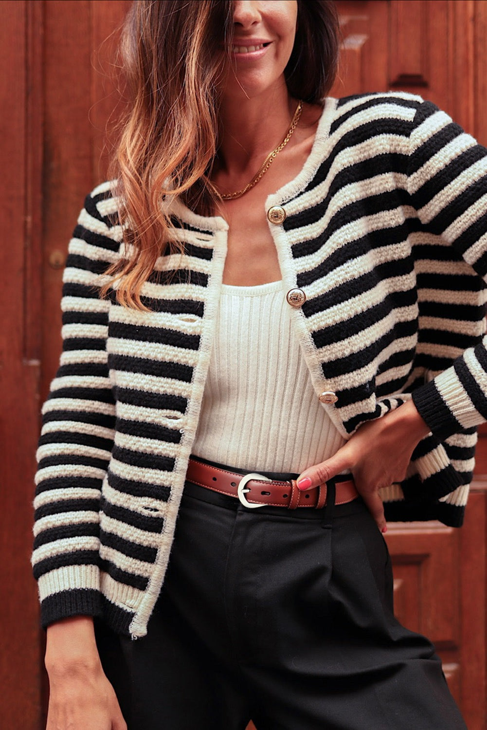 Black & Off-White Stripe Embellished Button Long Sleeve Cardigan