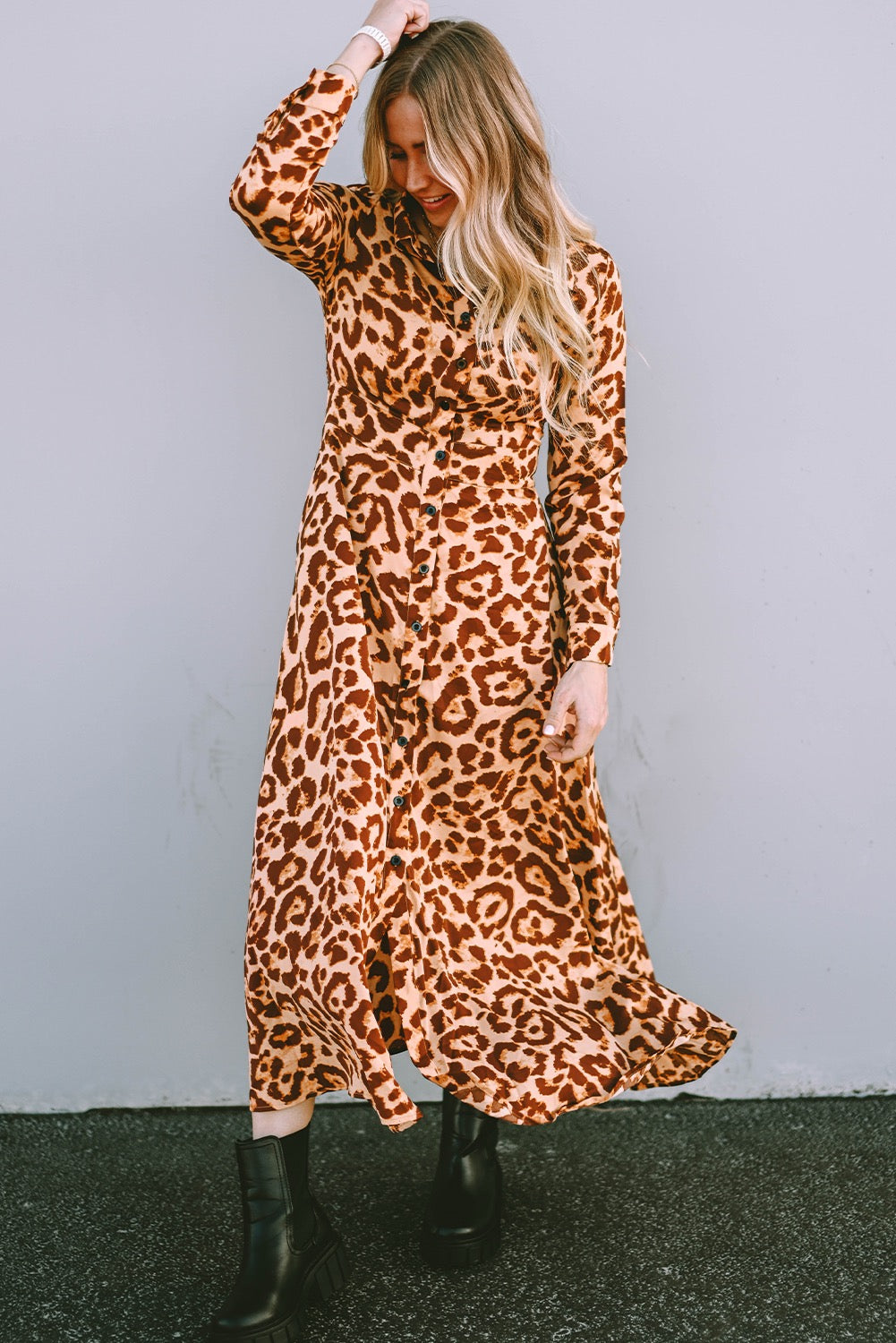 Leopard Print Long Sleeve Midi Dress