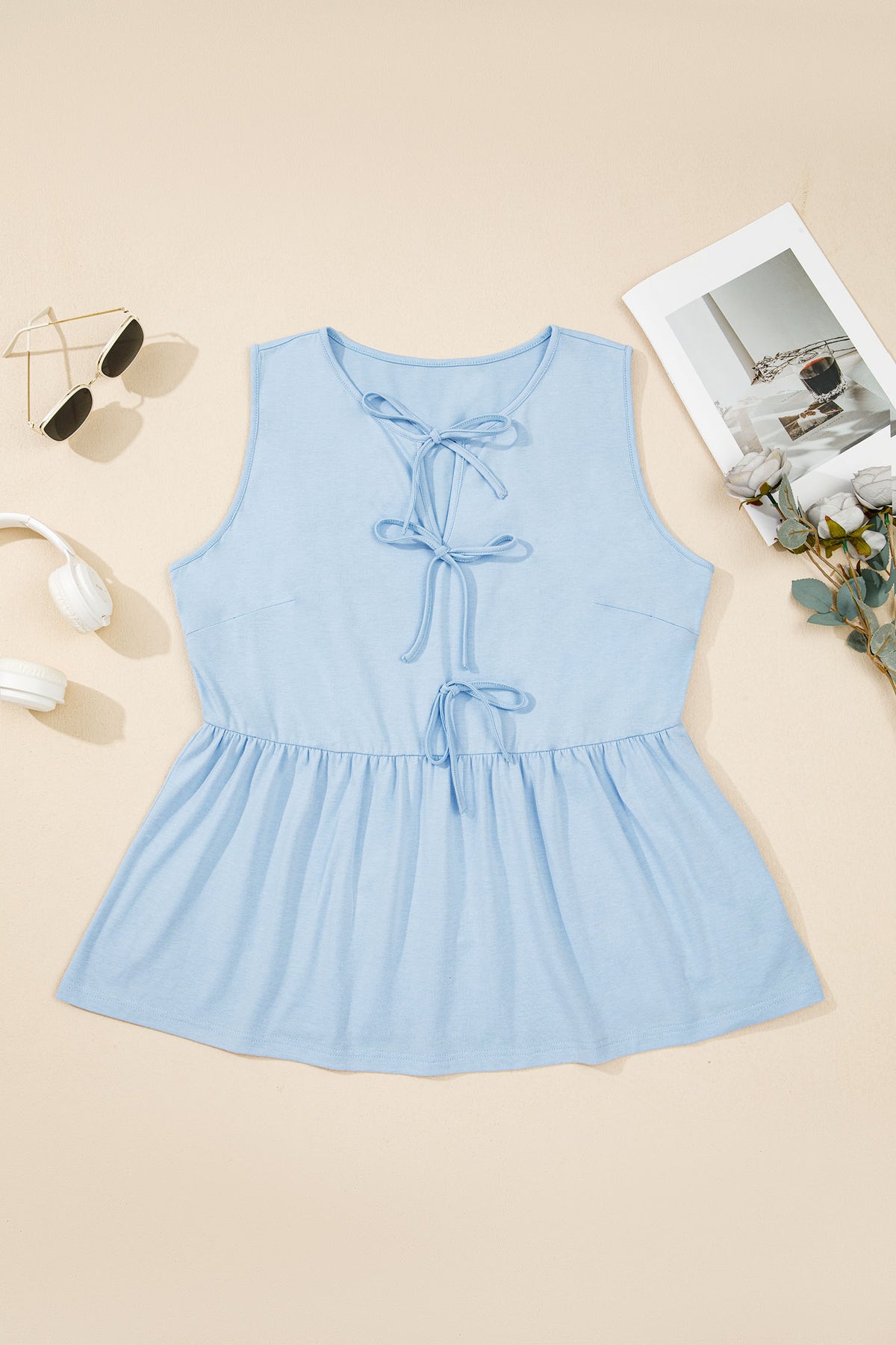 White Plus Size Solid Color Bow Tie Peplum Tank Top