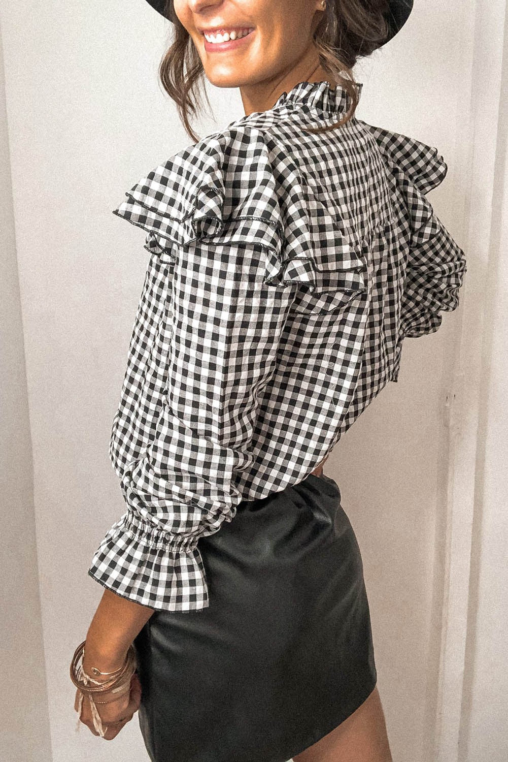 Black and White Gingham Flutter Sleeve Long Sleeve Top