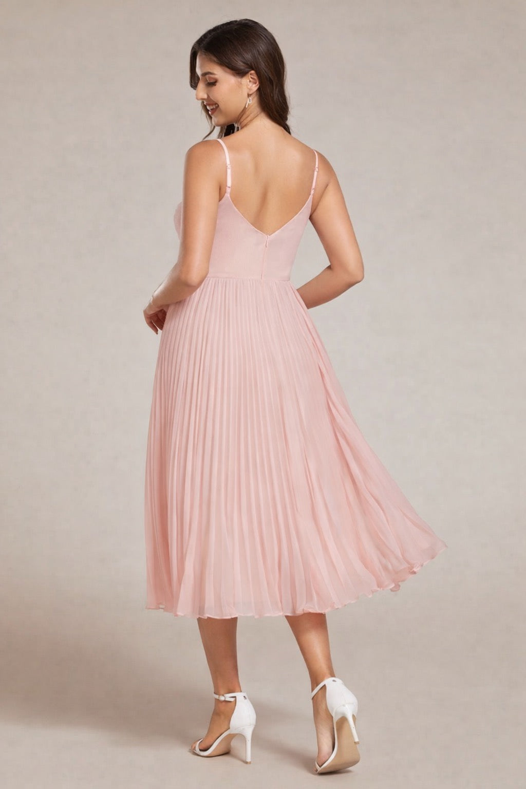 Blush Chiffon Bowknot Midi Wedding Guest Dress