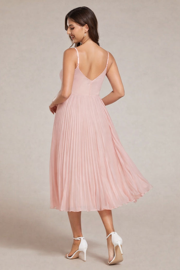 Blush Chiffon Bowknot Midi Wedding Guest Dress