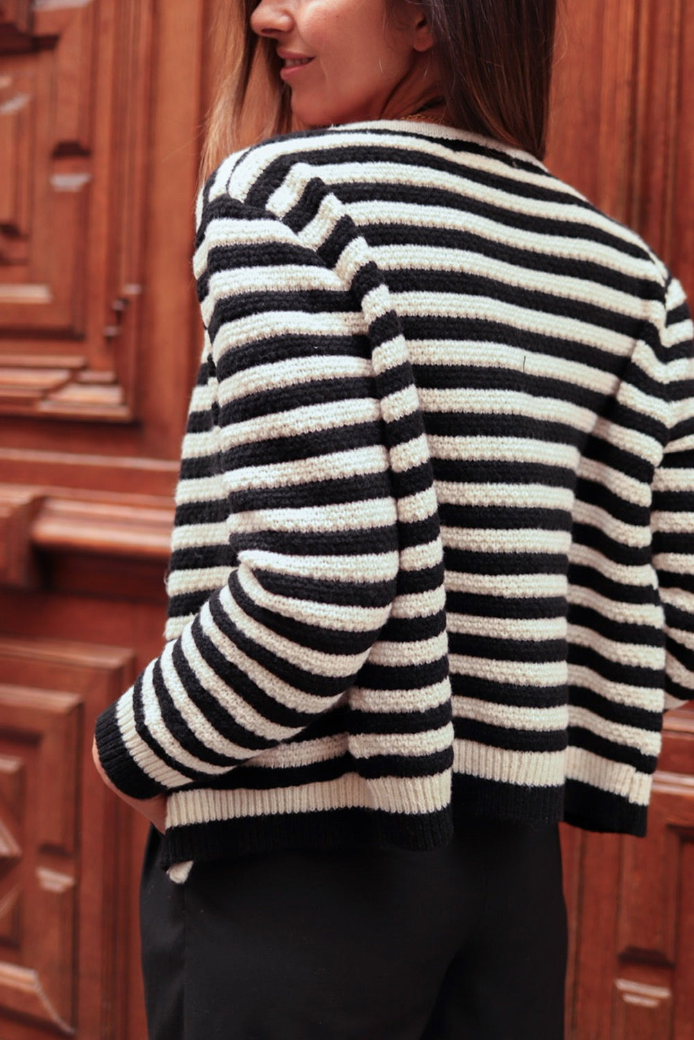 Black & Off-White Stripe Embellished Button Long Sleeve Cardigan