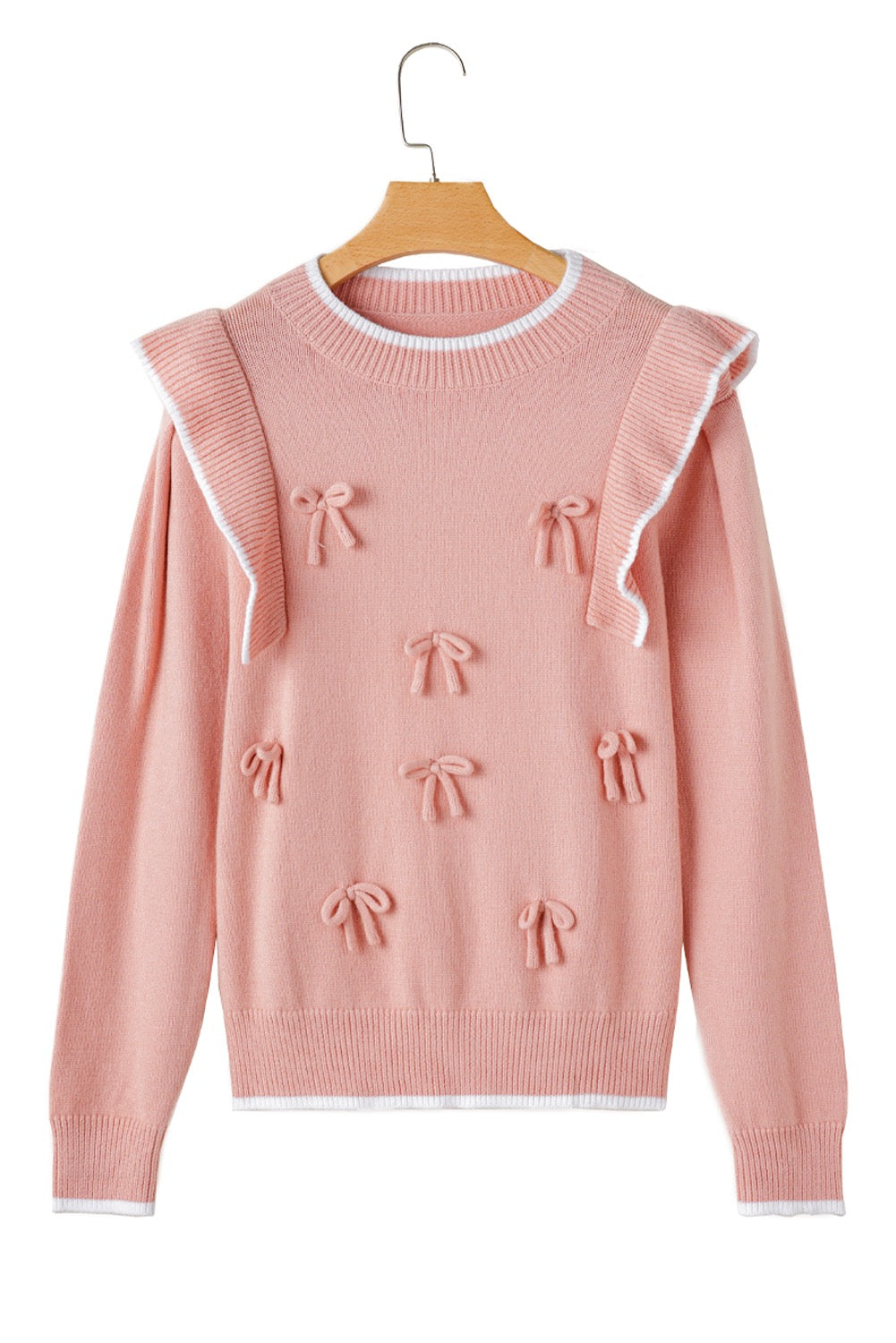 Blush Bow Detail Ruffle Shoulder Knit Sweater – Feminine Soft Pink Pullover