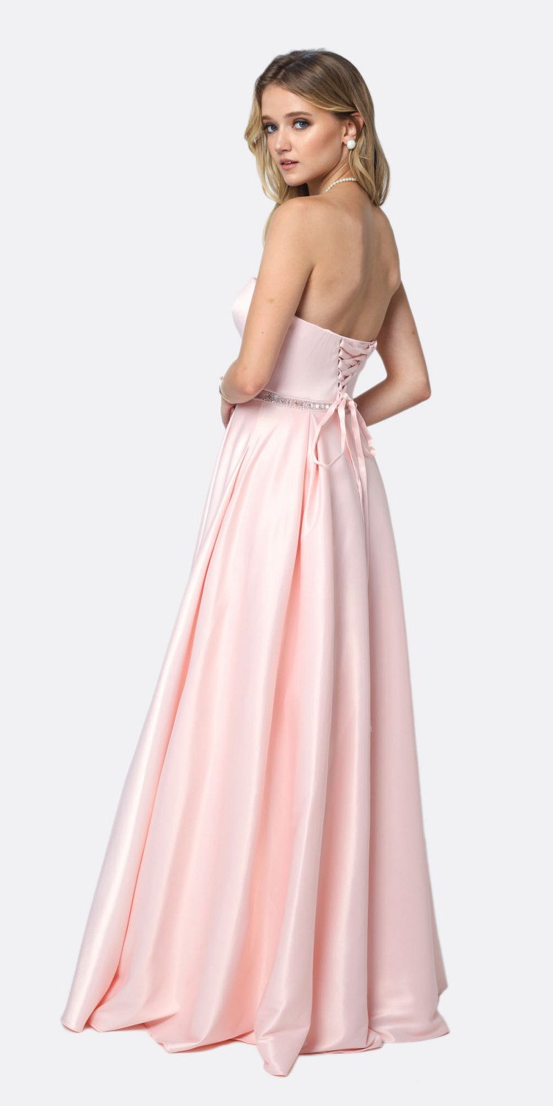Floor Length Shiny Satin A-Line Gown Beaded Belt & Pockets