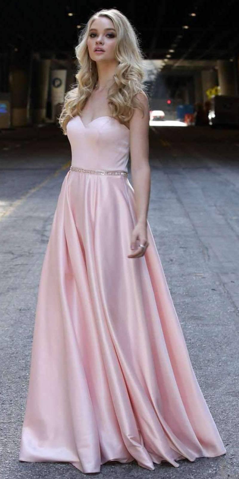 Floor Length Shiny Satin A-Line Gown Beaded Belt & Pockets