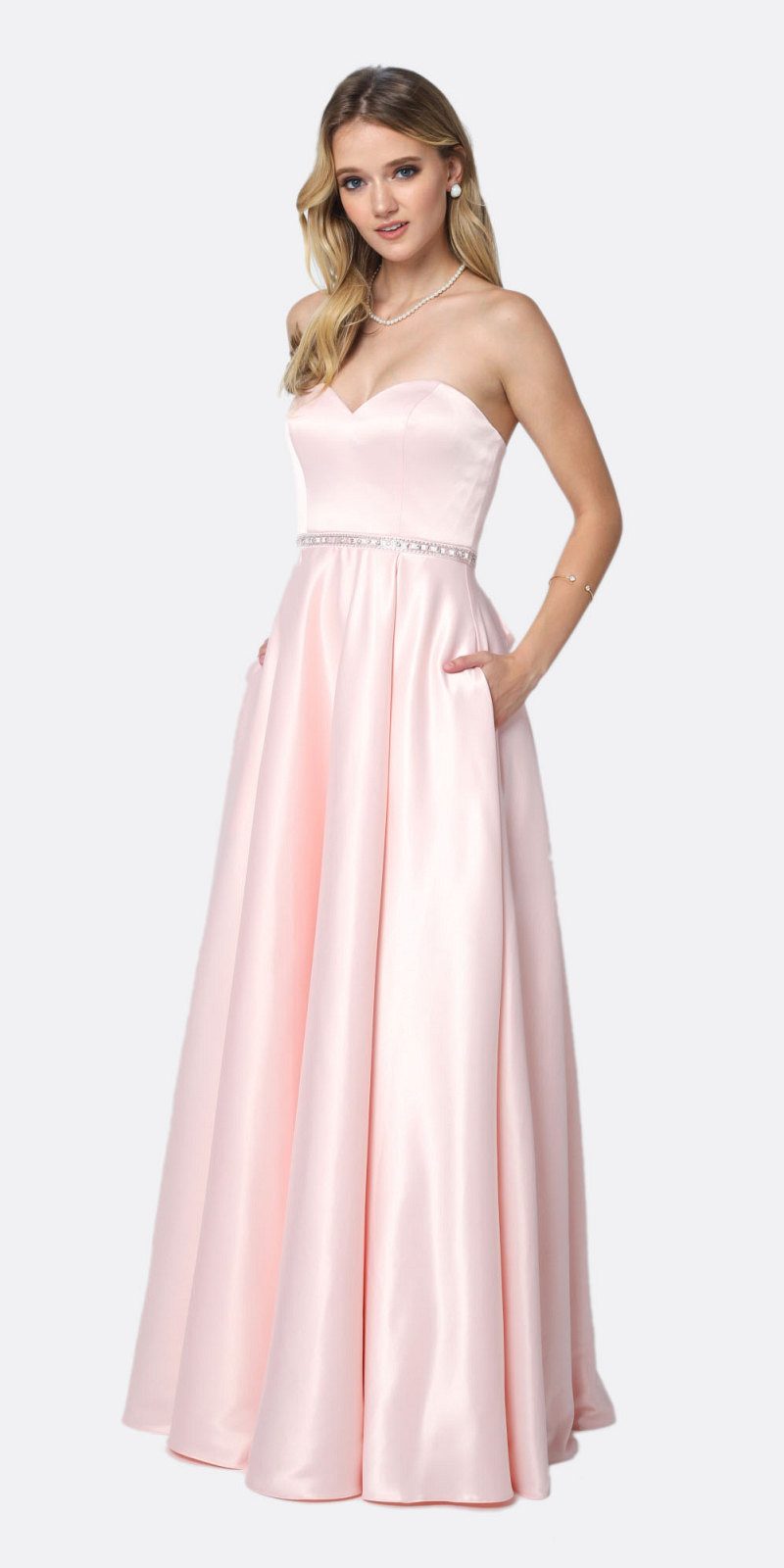 Floor Length Shiny Satin A-Line Gown Beaded Belt & Pockets