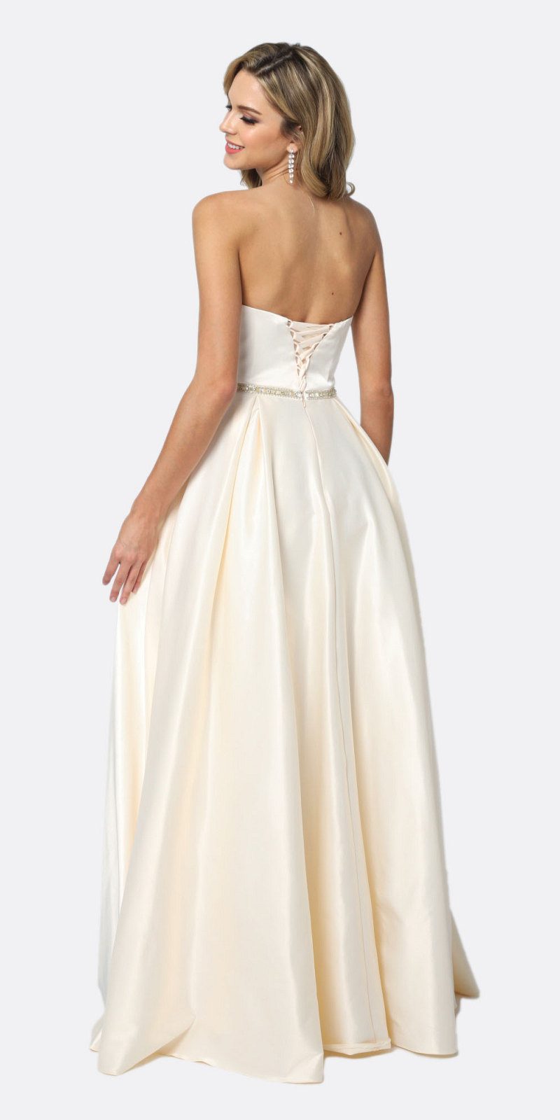 Floor Length Shiny Satin A-Line Gown Beaded Belt & Pockets