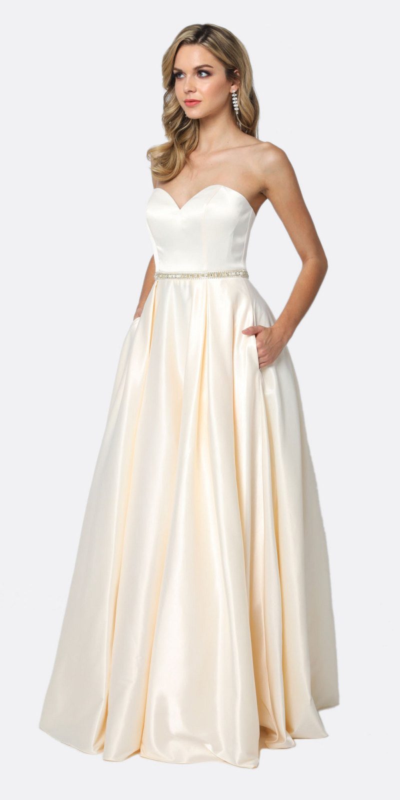 Floor Length Shiny Satin A-Line Gown Beaded Belt & Pockets