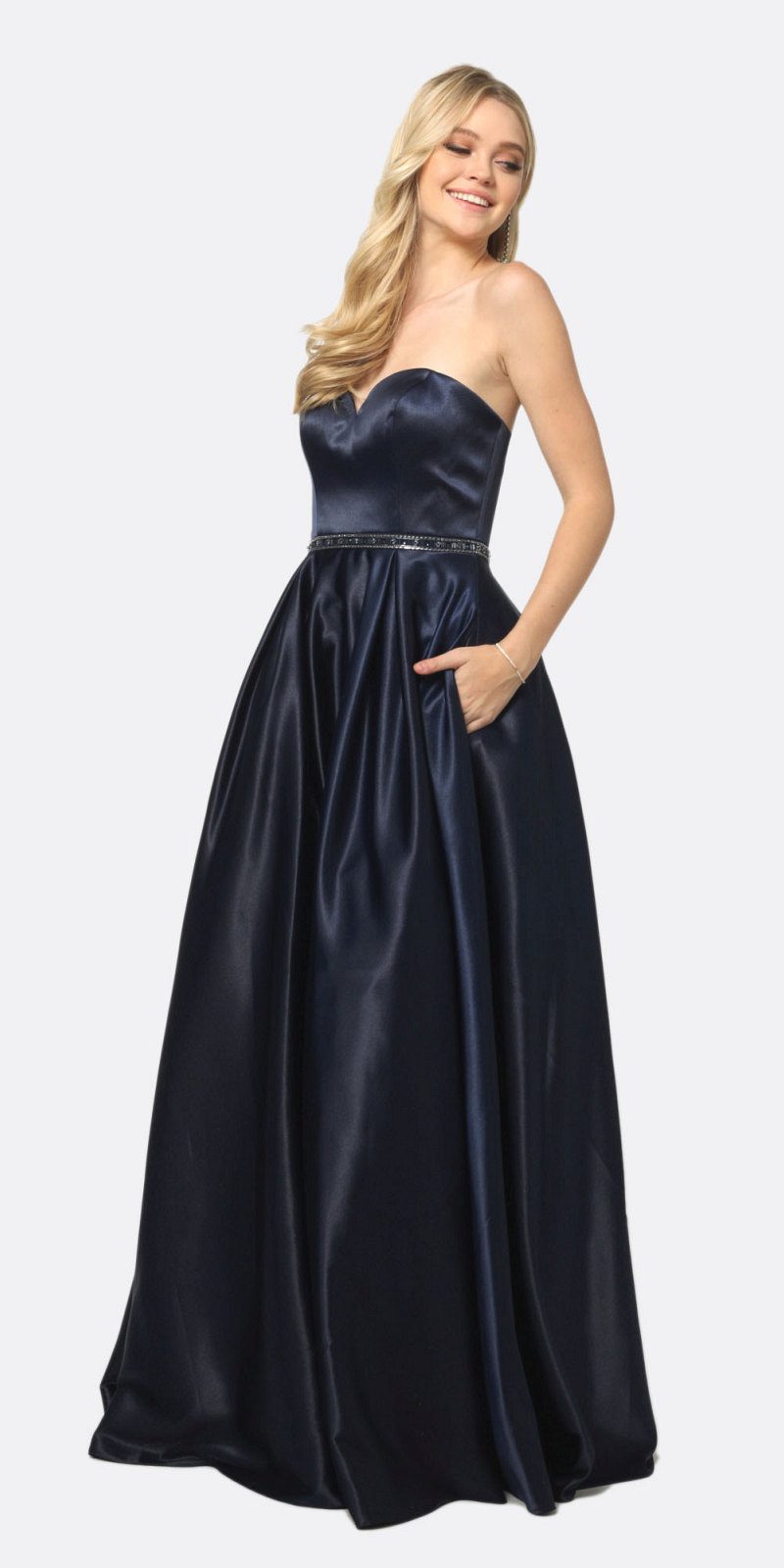 Floor Length Shiny Satin A-Line Gown Beaded Belt & Pockets