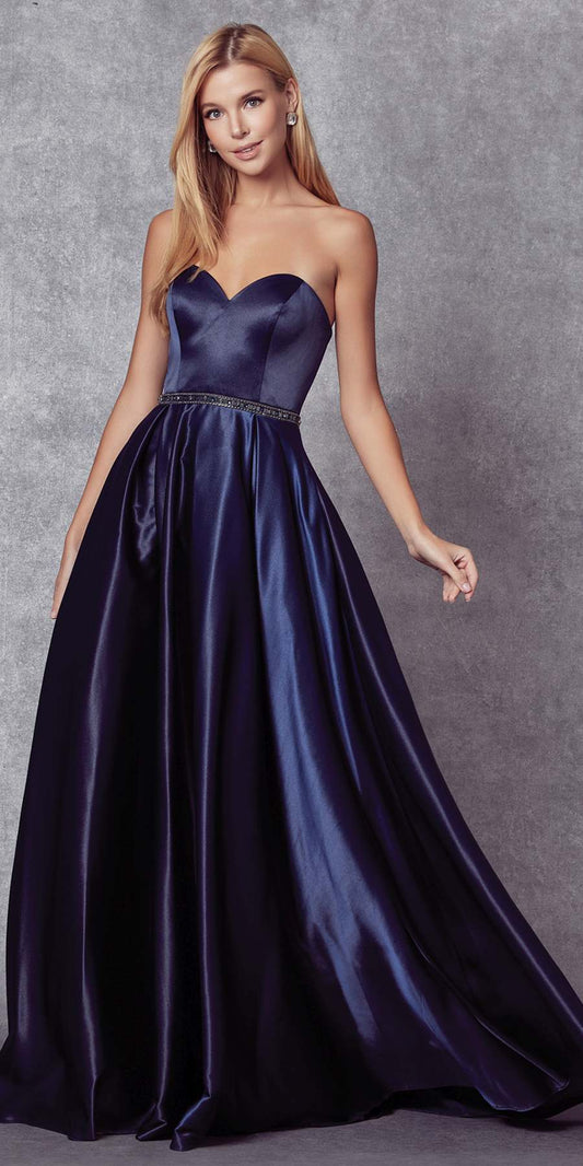 Floor Length Shiny Satin A-Line Gown Beaded Belt & Pockets