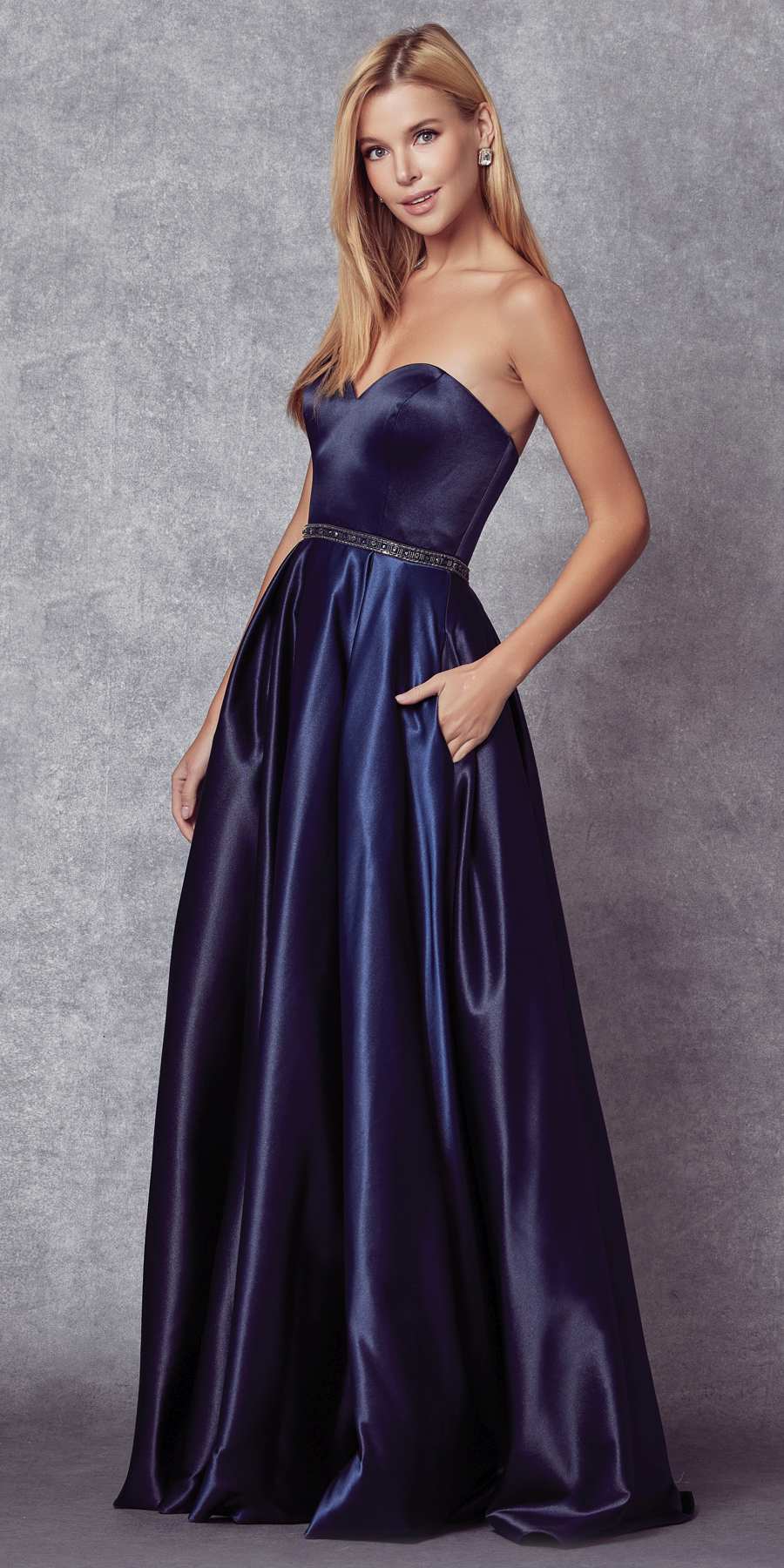Floor Length Shiny Satin A-Line Gown Beaded Belt & Pockets