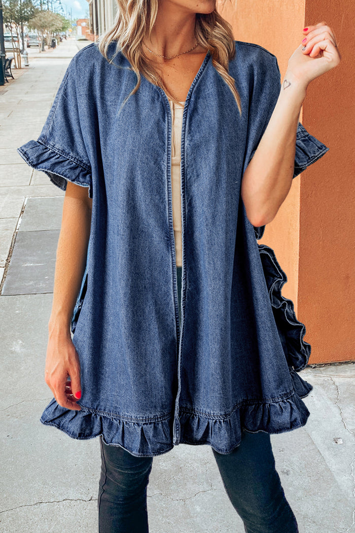 Chambray Ruffle Hem Half Sleeve Open Loose Kimono