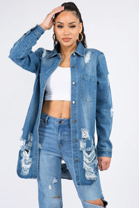 American Bazi Distressed Button Down Denim Shirt Jacket-0