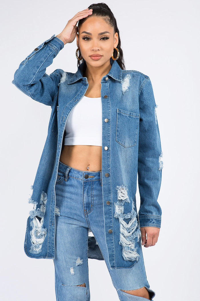 American Bazi Distressed Button Down Denim Shirt Jacket-0