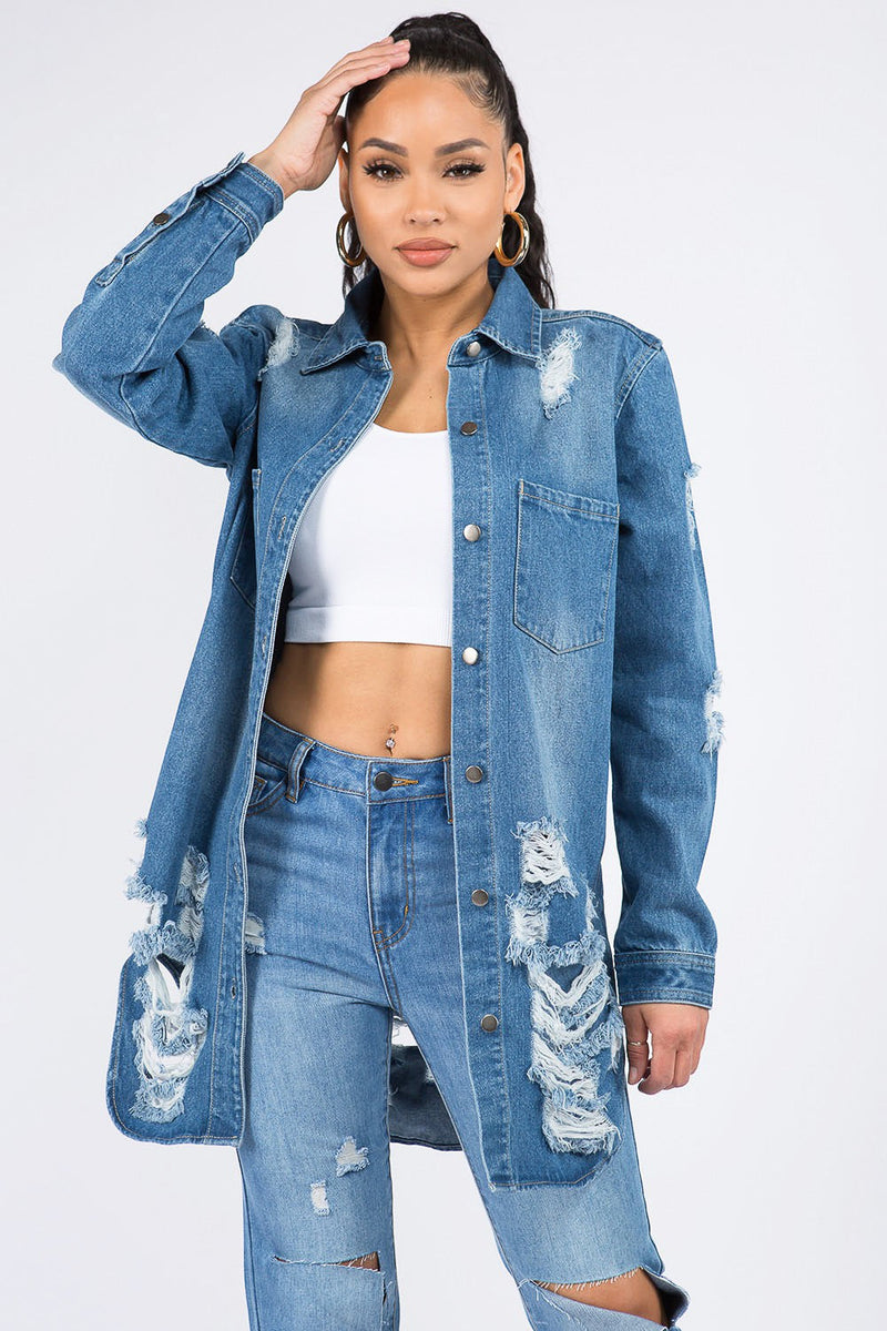 American Bazi Distressed Button Down Denim Shirt Jacket-0