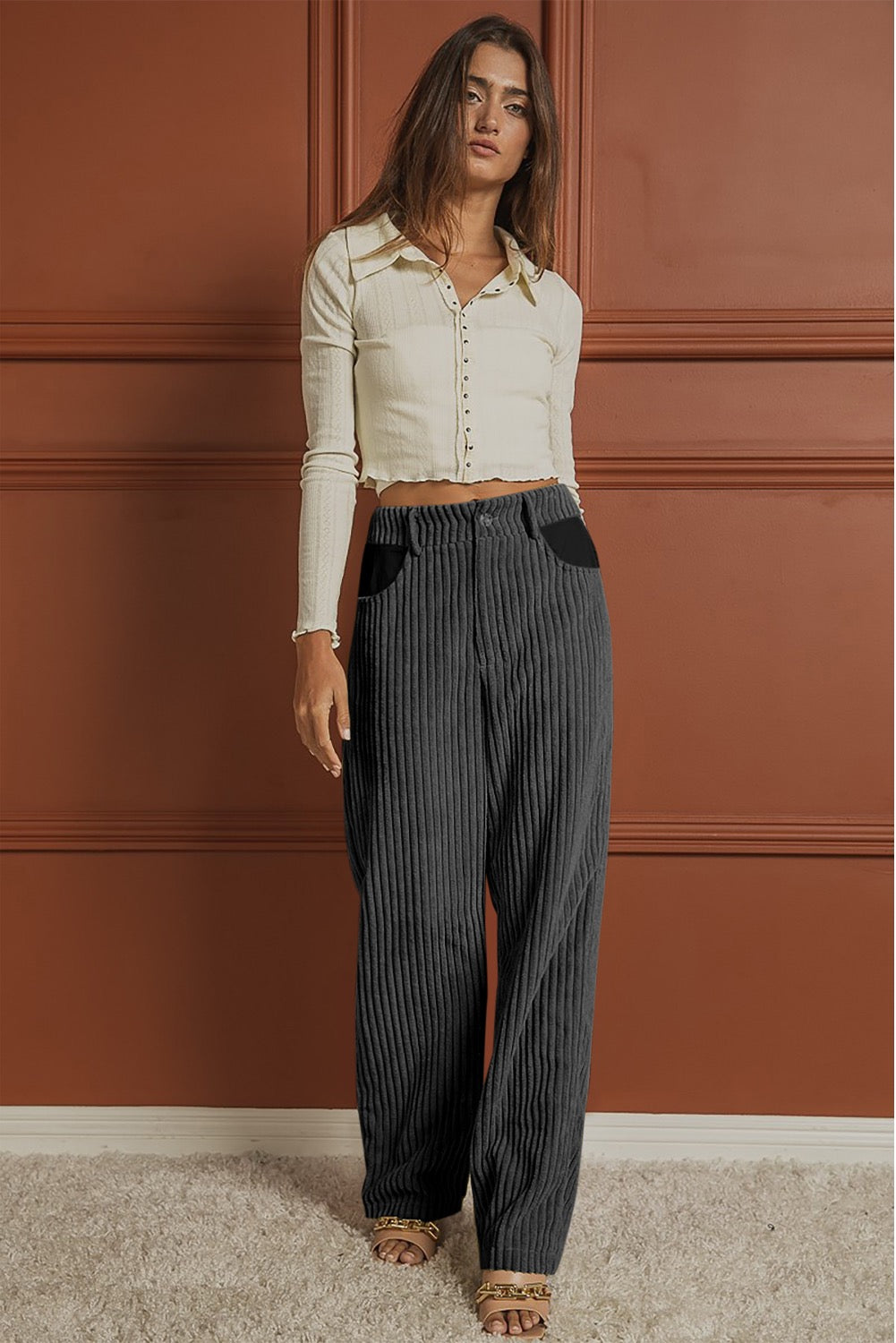 Grey Stretch Corduroy Wide Leg Pants