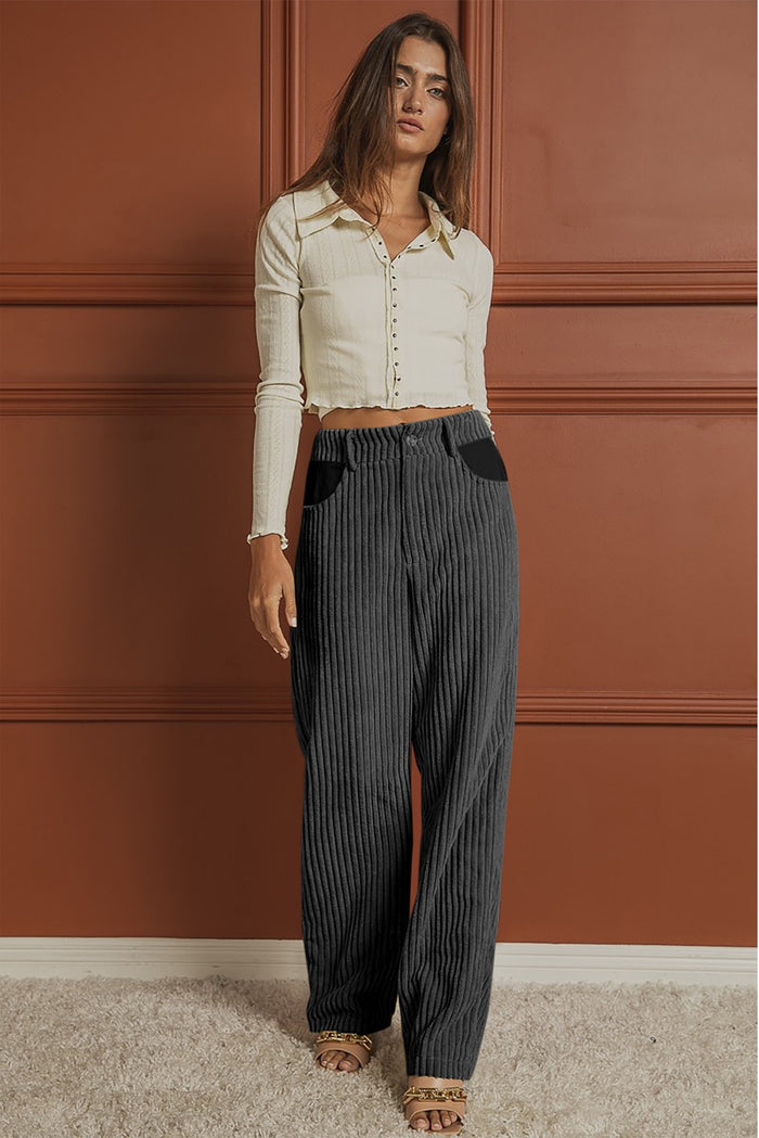 Grey Stretch Corduroy Wide Leg Pants