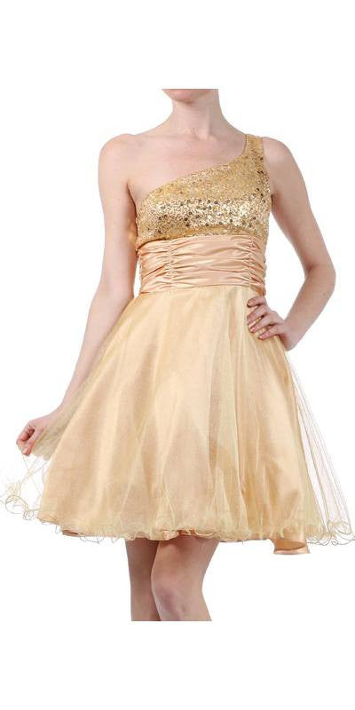 One Shoulder Short Dress Sparkly Sequins Glitter Tulle Skirt