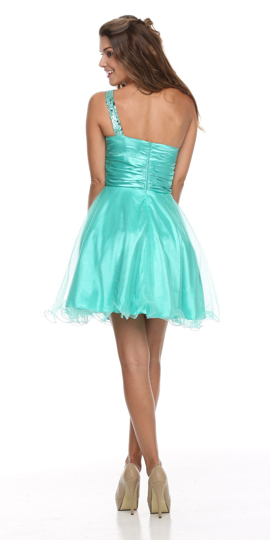 One Shoulder Short Dress Sparkly Sequins Glitter Tulle Skirt