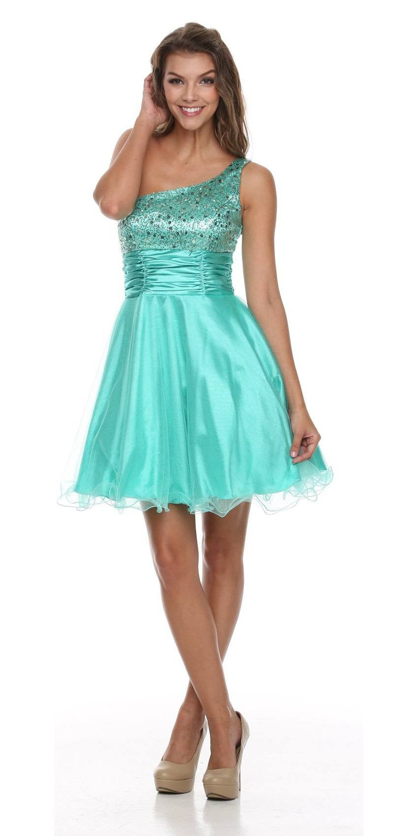 One Shoulder Short Dress Sparkly Sequins Glitter Tulle Skirt